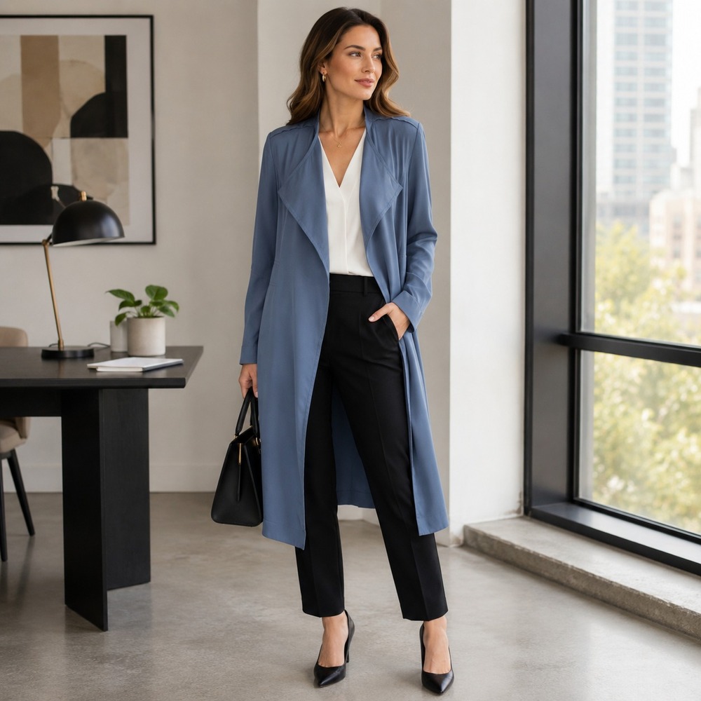 Babaton Aritizia Open Front Flowy Trench Coat S Blue Draped Longline Minimalist